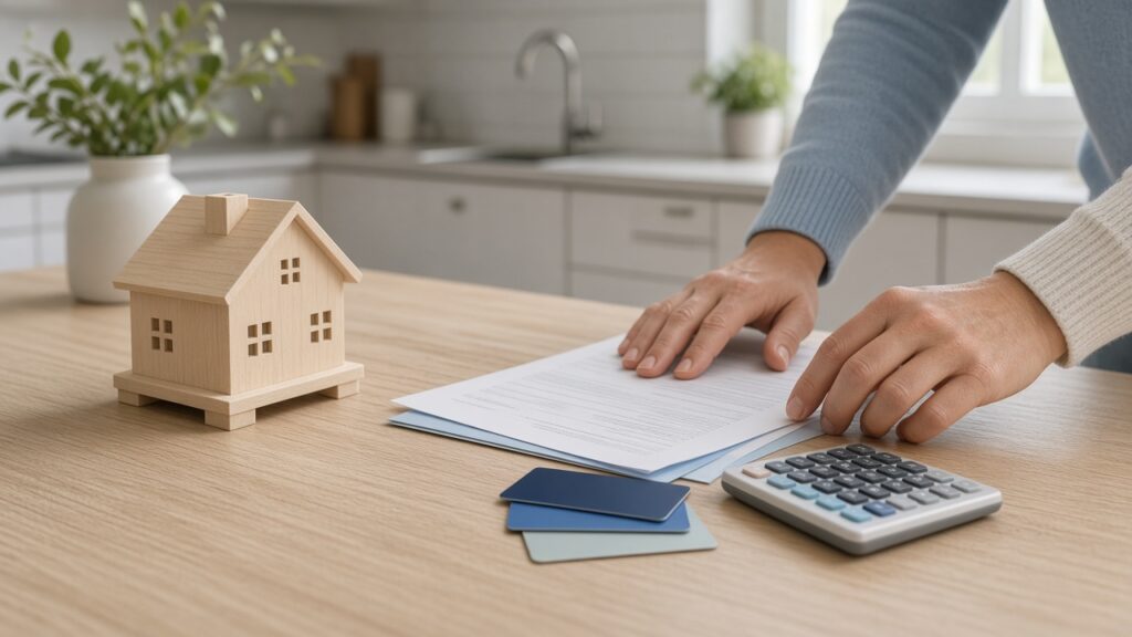 Modellhus, lånehandlingar, bankkort och miniräknare på ett köksbord – skillnaden mellan bolån och privatlån